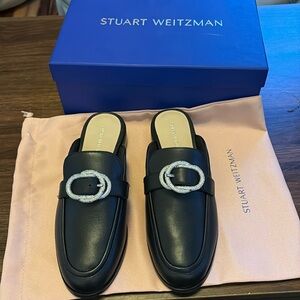 Stuart Weitzman Black Leather Mule Slides with Crystal Buckle